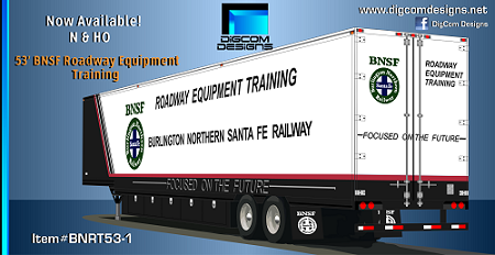 NEW ! DIGCOM DESIGNS BNSF Roadway Equipment Training 53' drop-frame trailer 