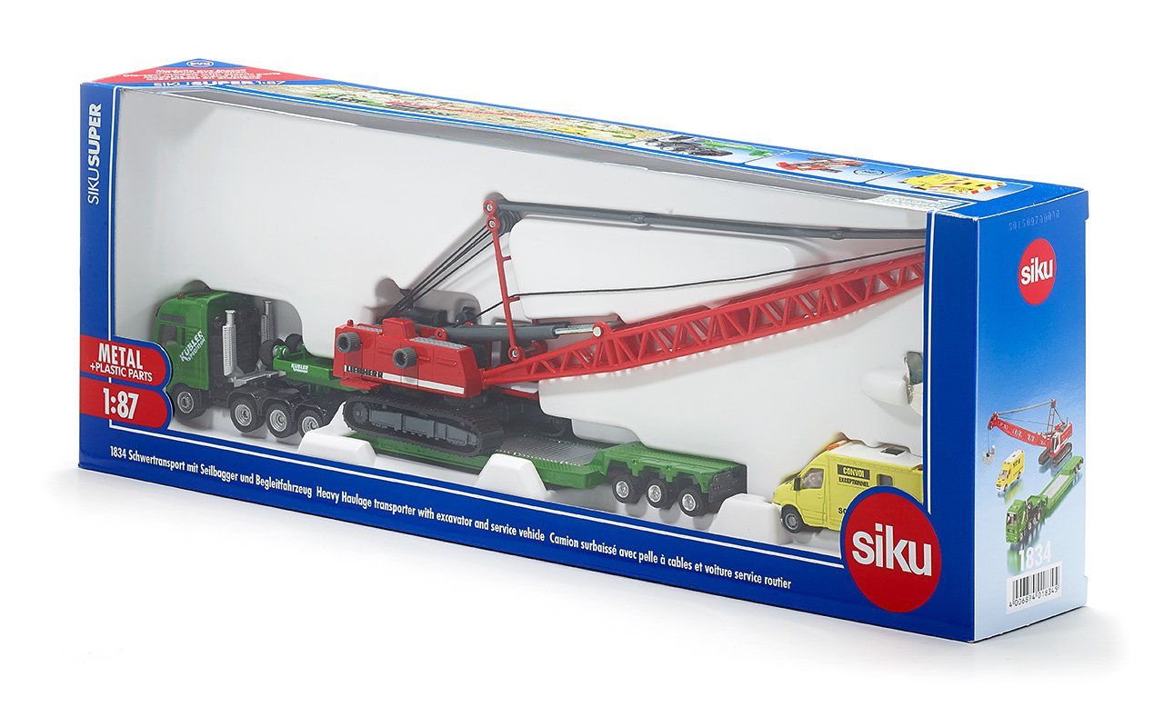 SIKU HO Scale heavy haulage transporter with excavator and service vehicle