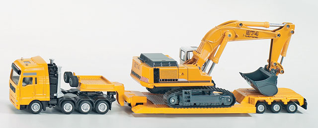SIKU Heavy Haulage Semi Truck Transporter with Lowboy Trailer hauling and Liebehr Excavator 