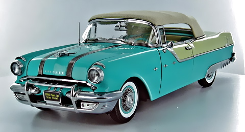 SUN STAR 1955 Pontiac Starchief convertible in white mist and nautilus blue